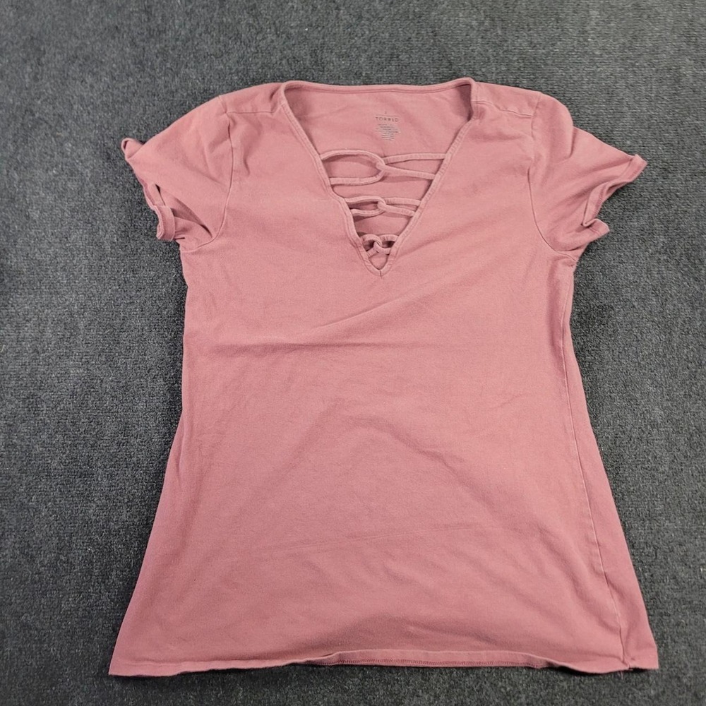 Torrid Pink Cotton Spandex Lace Up V-Neck Short Sleeve Blouse Top Size 2